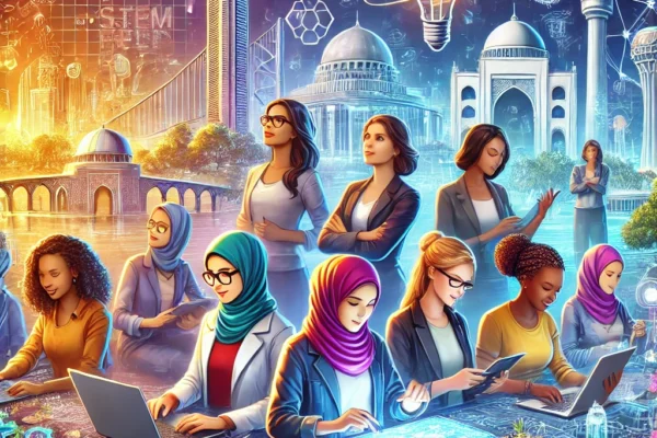 A-vibrant-and-inspiring-digital-illustration-showcasing-a-diverse-group-of-women-working-in-STEM-fields.-