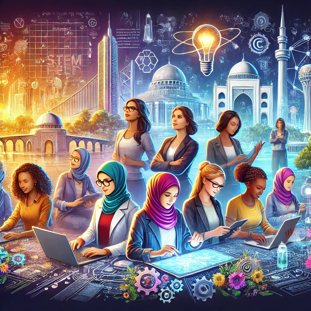 A-vibrant-and-inspiring-digital-illustration-showcasing-a-diverse-group-of-women-working-in-STEM-fields.-